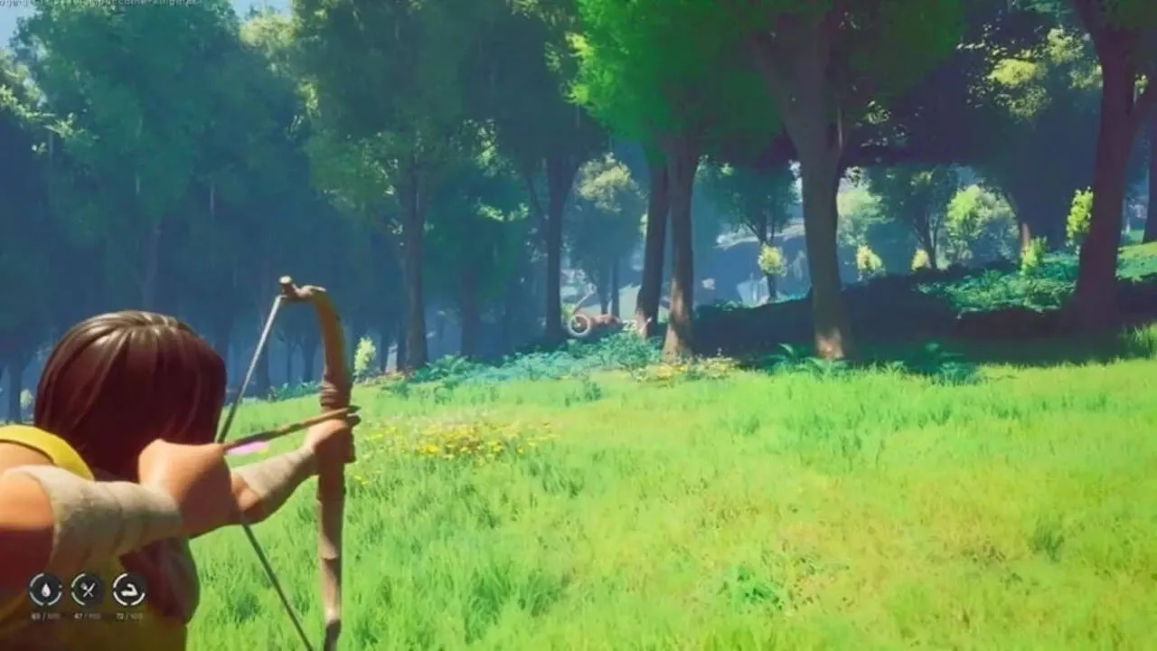 RuneScape: Dragonwilds character drawing an Ash Shortbow in a forest clearing.