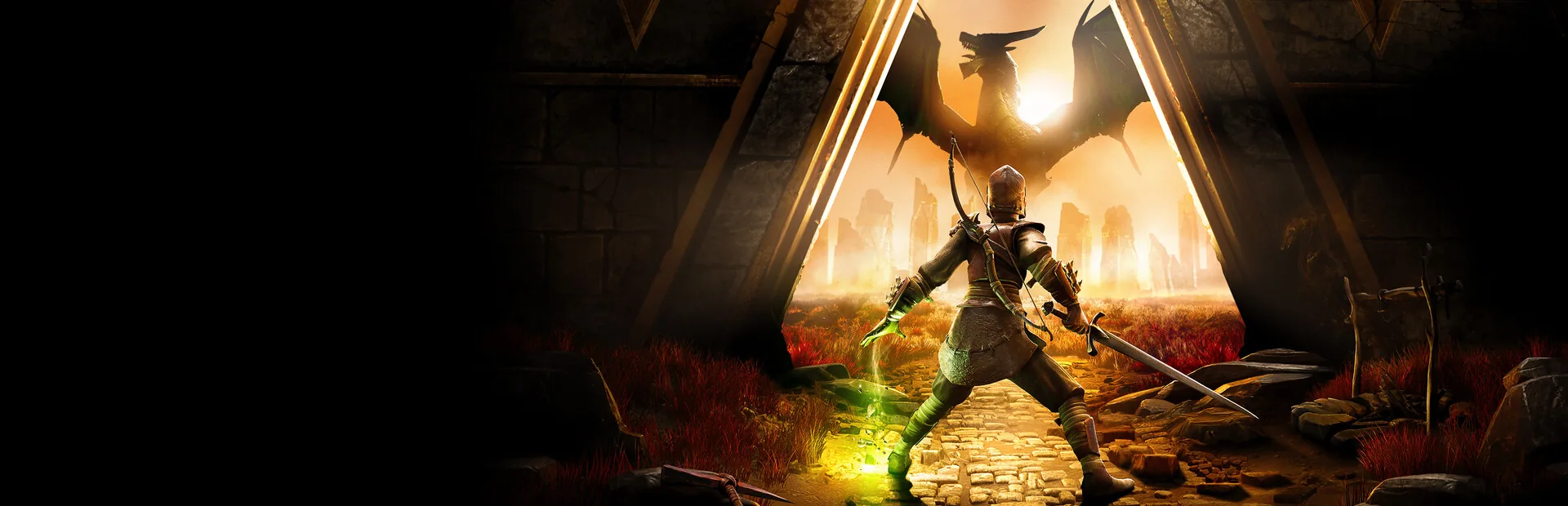 Official RuneScape Dragonwilds key art showing an adventurer facing a dragon through a glowing stone gateway
