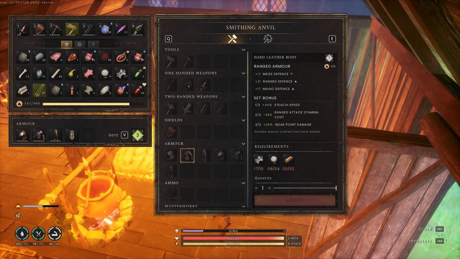 Hard Leather Body crafting interface with the Hard Leather armour icons visible