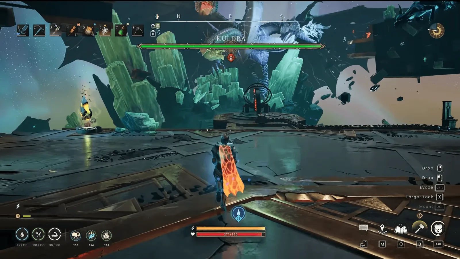 Wide in-game view of Kuldra's multi-headed dragon arena with floating green crystals and the central encounter floor