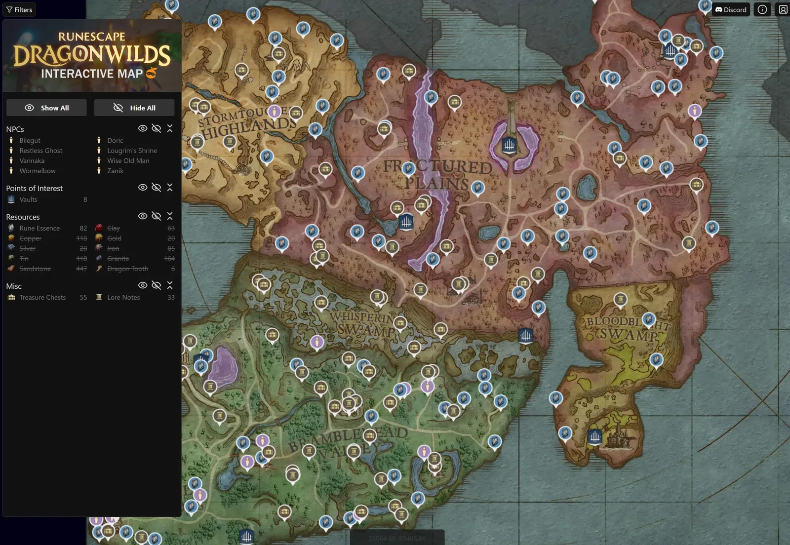 RuneScape Dragonwilds interactive map with the filter sidebar and map markers visible