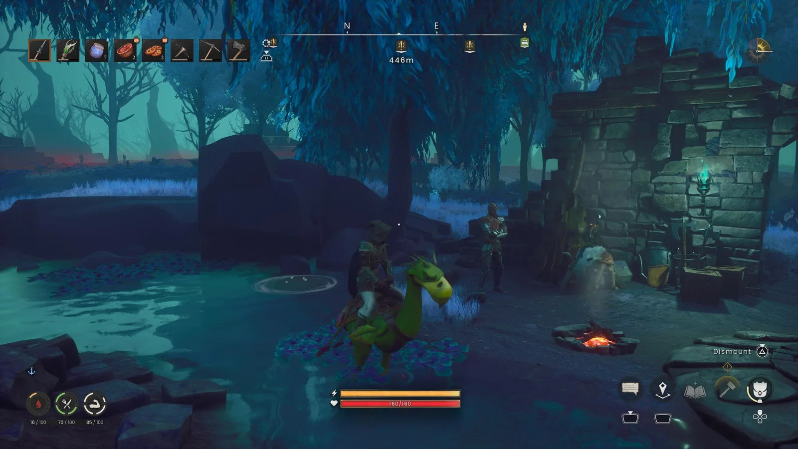 A player riding the standard Terrorbird mount beside Vannaka's camp.